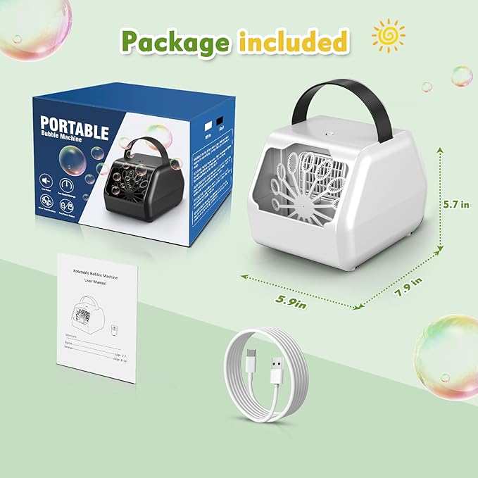 Portable Bubble Machine for Kids with 1800mAh Rechargeable Battery, 400ml Large Tank, Dual Speed Control & USB-C Charging, Indoor Outdoor Bubble Blower Party Toy (Classic, White)