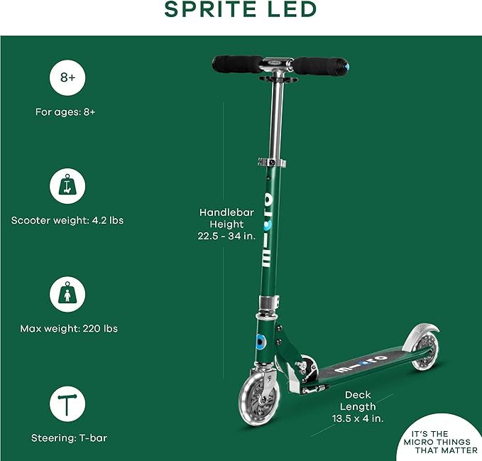 Micro Kickboard | Sprite LED | 2 Wheeled | Fold-to-Carry | Lightweight Swiss-Designed Micro Scooter | Light-Up Wheels| Children and Teens, Ages 6+