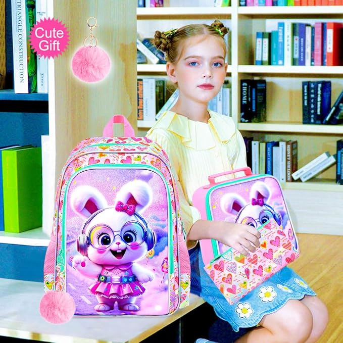 CCJPX 16" Bunny Backpack for Girls, 3Pcs Kids Bookbag with Lunch Box, Water Resistant Elementary School Bag for Kindergarten Preschool Toddler (Pink)