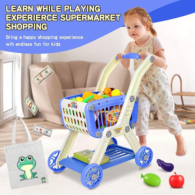 Kids Shopping Cart - 2 in 1 Toy Shopping Cart with Play Food Fruit Vegetable Dessert and Shop Accessories, 72pcs Pretend Play Grocery Store Toy Kitchen Game Trolley Play Set for Kids (Navy Blue)