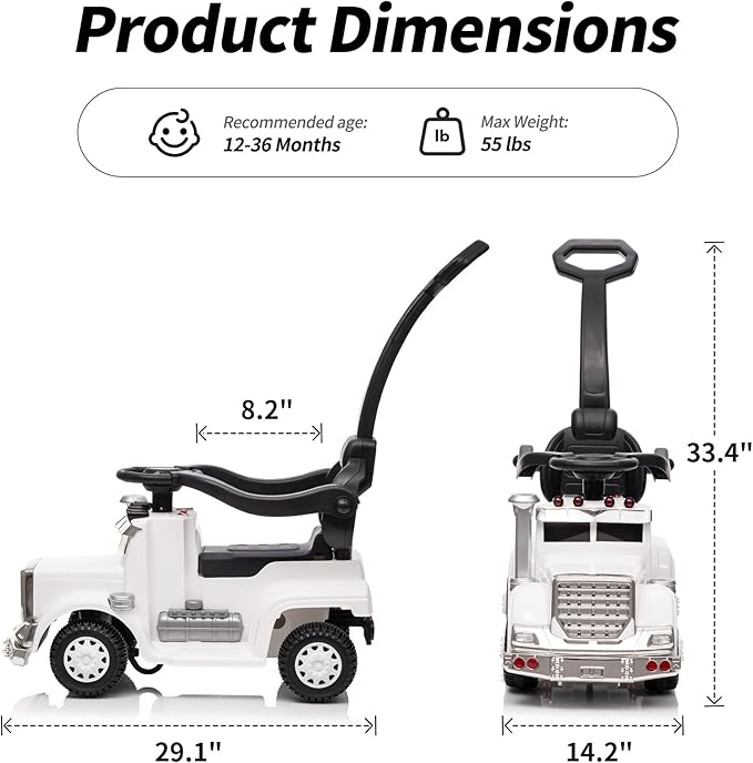 3-in-1 Ride on Push Car for Toddler with Handle, Toddler Ride on Toy for Boys, Stroller Sliding Walking Car w/Music, Horn and Lights - White