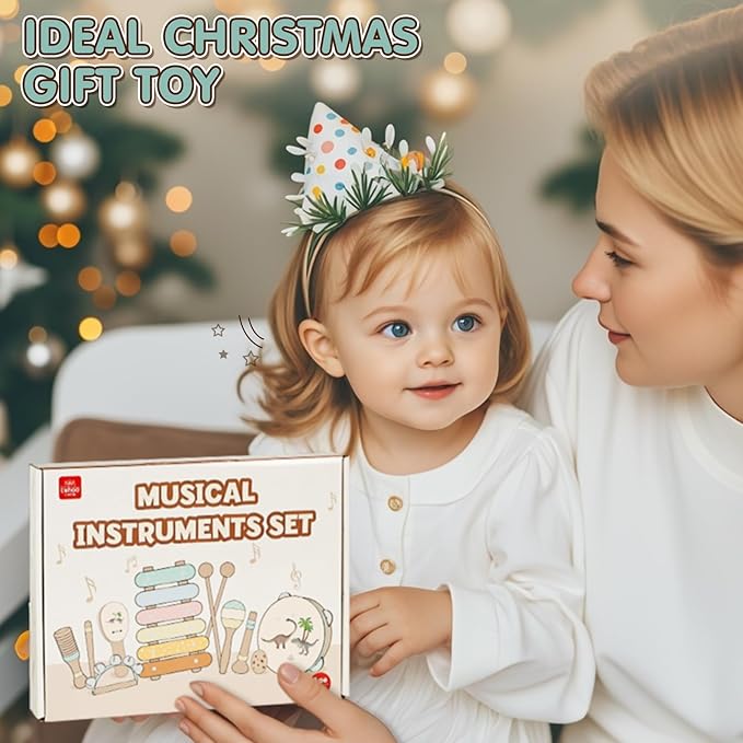 Baby Musical Instruments for Toddlers 1-3, Montessori Wooden Toys for 1 Year Old, Xylophone Maracas Percussion Set with Storage Bag, Learning Toys for Boys Girls Age 2-4, Christmas Birthday Gift