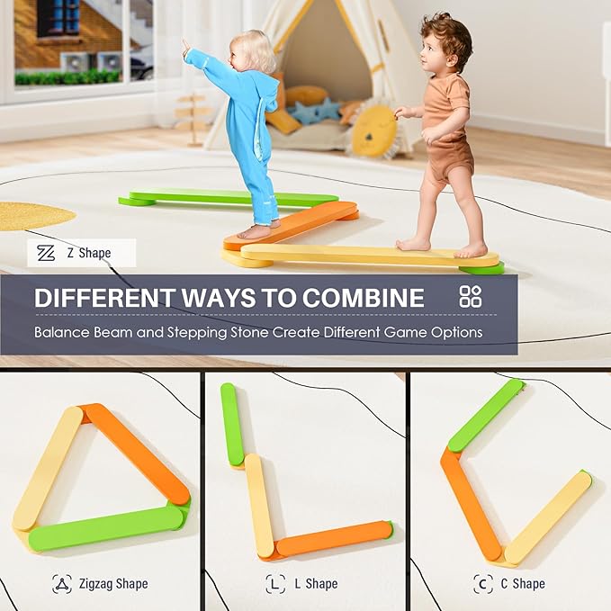 BlueWood Balance Beam for Kids 3-5, Toddler Sensory Wooden Toys and Stepping Stones, Build Coordination Gymnastics Obstacle Motor Skill for Kid