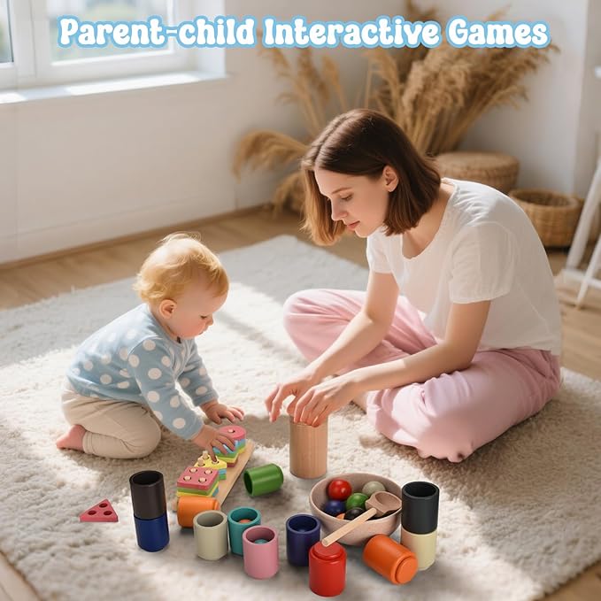 Montessori Toys for 1-3 Year,3 in 1 Wooden Learning Fine Motor Skills Toys Rainbow Color Sorting Toy for Toddlers - Preschool Color Matching, Educational Color Recognition ShapeSorter Boys Girls Gifts