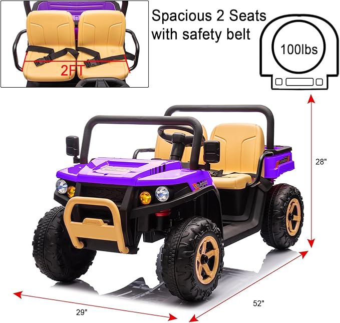 POSTACK 24V 2 Seater Electric Dump Truck for Kids, Ride on Tractor Battery Powered Electric Vehicle with Parental Remote Control, UTV for Kids to Drive w/Bluetooth, Music, Purple