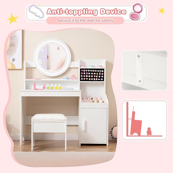 INFANS Kids Vanity with Lights, Princess Makeup Desk with Mirror Storage Shelves, Toddler Table and Chair Set Pretend Play for Girls Aged 4-9 (White)