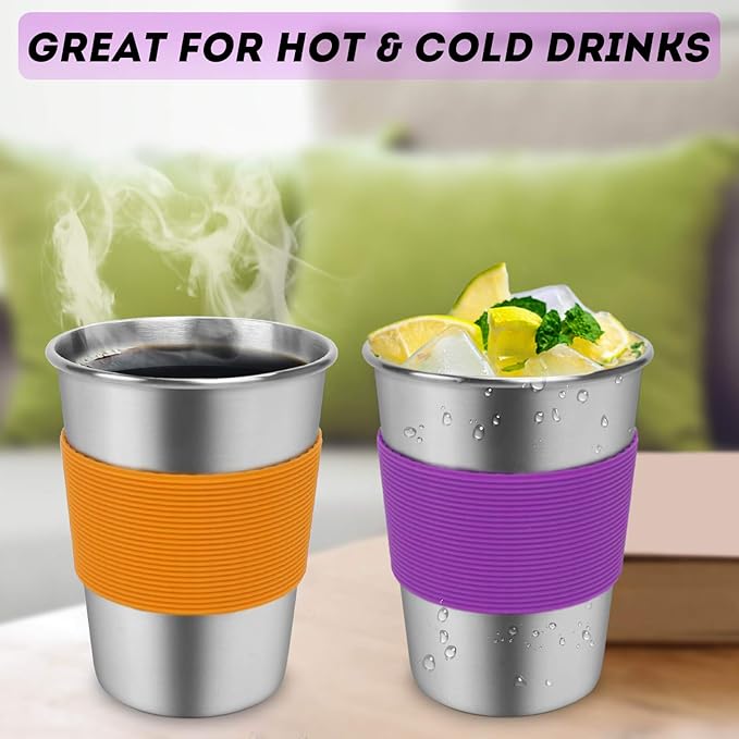 Yummy Sam Stainless Steel Cups with Straws and Lids,12oz Spill-proof Kids Tumblers Dishwasher Safe, Unbreakable Metal Toddler Cups with Heat-insulated Sleeves for Cold Drinks, 5 Pack