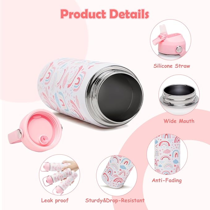18oz Kids Insulated Water Bottle with Straw Lid - 18/8 Stainless Steel Kid Cup Travel Tumbler Double Wall Vacuum Leak Proof Portable Toddler Water Bottle (Rainbow + Mermaid)
