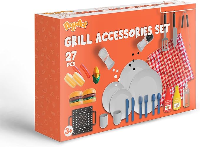 27 PCS Kids BBQ Grill Playset Backyard Barbecue Play Grill Toy Set for Toddlers, Play Food Sets for Kids Kitchen