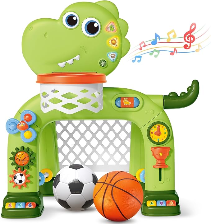 Toddler Basketball Hoop & Soccer Goal Toy,Dinosaur Toys with Light & Music,Musical Toys for 1 Year Old Boy Girl Learning Toy for Toddlers 1-3 Birthday Gifts for 1 Year Old Boys