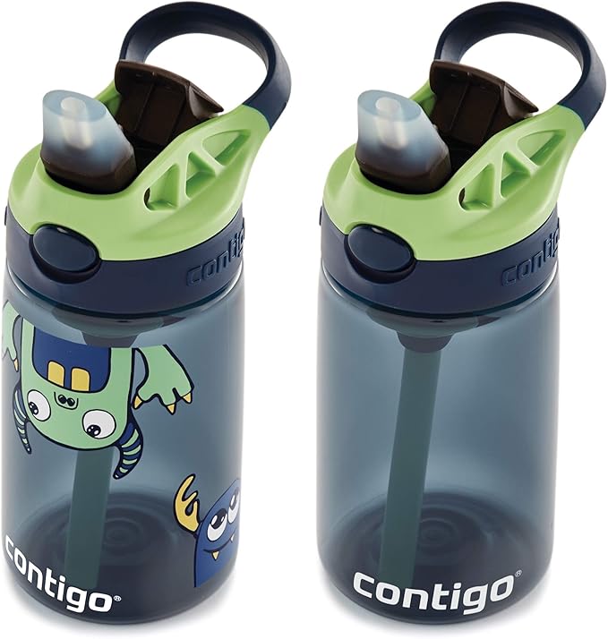 Contigo Aubrey Kids Cleanable Water Bottle with Silicone Straw and Spill-Proof Lid Blueberry & Monsters 14 Ounce 2-Pack