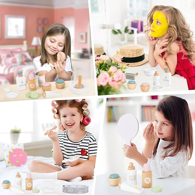 Wooden Makeup Toy Set,Pretend Beauty Play Toys,Skin Care Learning Preschool Toys for Toddler, Salon Toys Beauty Fake Makeup Kit with Facial Mask for Girls 3 4 5 6 7+ Year Old Girls.