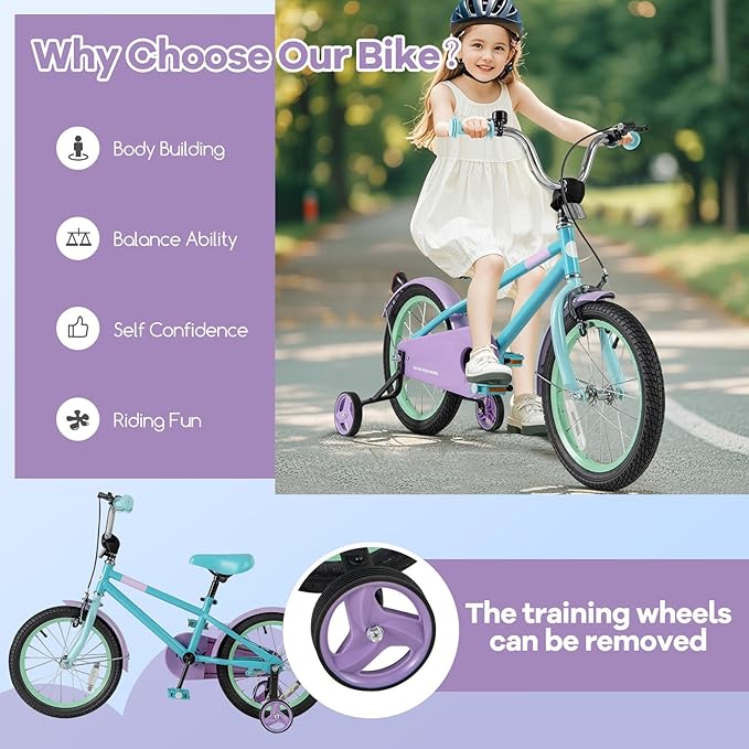 BABY JOY Colorful Macarons Kids Bike, 12 14 16 18 Inch Sporty Children's Bicycle with Training Wheels, Adjustable Handlebar & Saddle, Handbrake & Coaster Brake, Boys Girls Bike for 3-8 Years Old