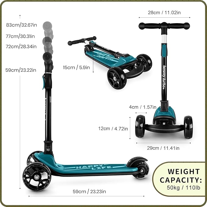 Besrey Kick Scooter for Kids Ages 3-10, 3-Wheel Folding Scooter with Adjustable Height, LED Light Wheels, Extra Wide Deck for Outdoor Activities