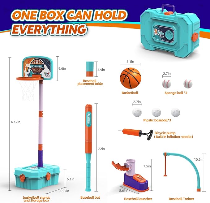 Kids Basketball Hoop and T-Ball Set for Kids 3-5, 4 Adjustable Toddler Basketball Hoop Indoor Outdoor Kids Toys Birthday Gift for Boys Girls