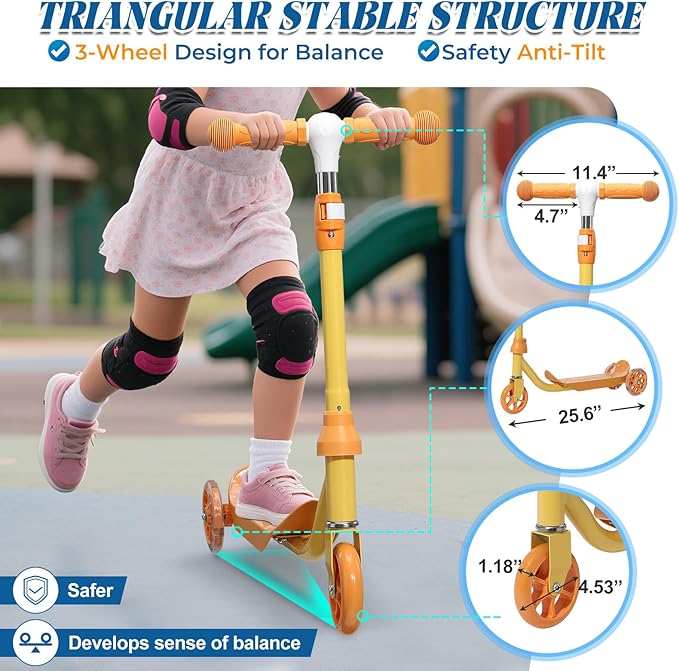 Kids Kick Scooter with Adjustable Height & LED Flash Wheels | 3 Growing Levels | Outdoor Fun for Boys & Girls