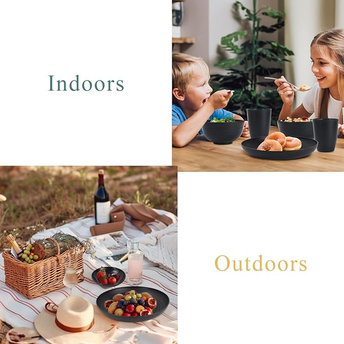 Wrova Wheat straw dinnerware sets of 16-10 inches plates,26oz bowls,2oz dipping bowls,12oz cups - Unbreakable plates and bowls sets microwave safe and dishwasher safe,service for 4. Black