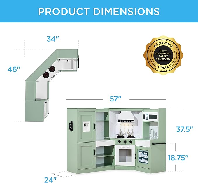Best Choice Products Pretend Play Corner Kitchen, Ultimate Interactive Wooden Kids Playset w/Lights & Sounds, Ice Maker, Hood - Sage