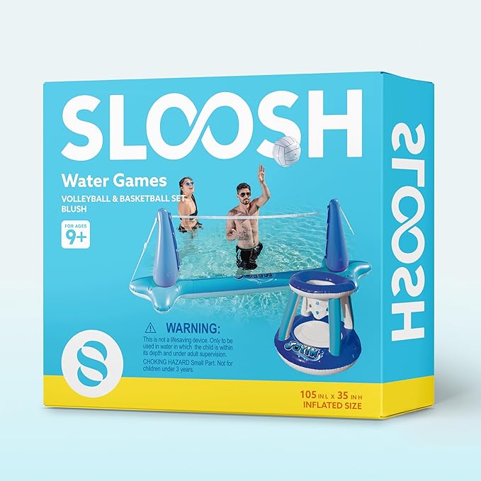 JOYIN Inflatable Volleyball Net & Basketball Hoops Pool Float Set; Balls Included for Kids/Adults, Summing Pool Game, Floating, Summer Floaties, Volleyball Court |Basketball,L-Dark Blue