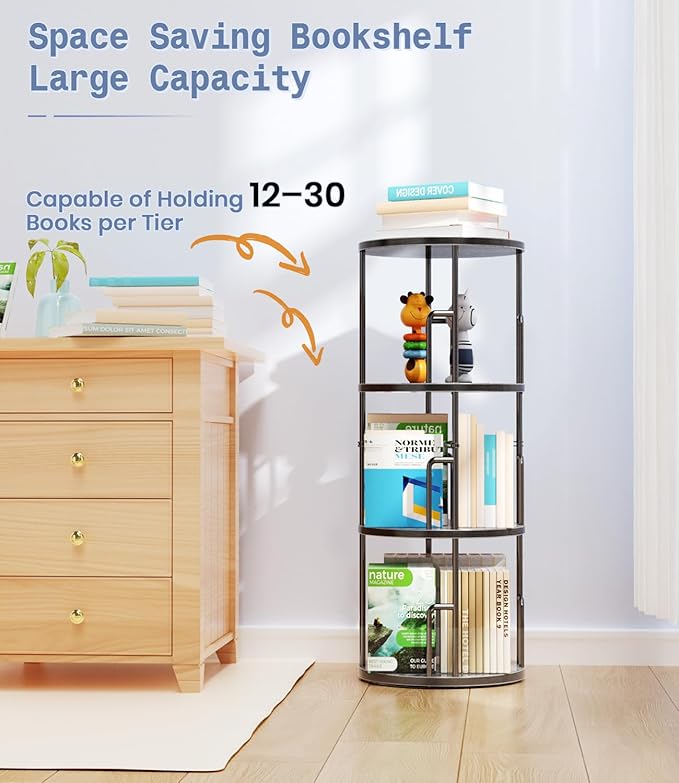 3 Tier Rotating Bookshelf Tower Round Black,37”Floor Standing Spinning Bookshelf Tower Anti-Tipping Design,Metal & Wood Revolving Bookcase Stackable Space Saving for Small Spaces,Study,Living Room