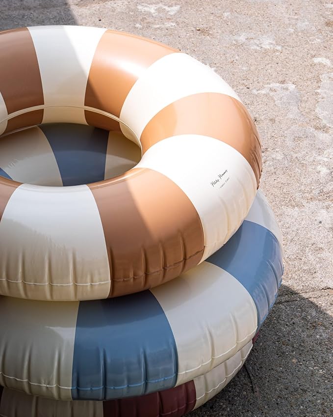 Petites-Pommes Tubes for Kids - Durable Pool Float, Handprinted Classic Striped Design Striped Swim Tube, Soft Comfort Seaming, Packable Floats for Travel, Light Brown, 35 inch