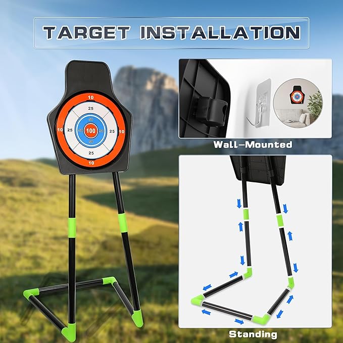 2 Pack Bow and Arrow Set with 29in Large Dart Board, LED Light Up Archery Set for Kids with 20 Suction Cup Arrows&12 Sticky Balls Standing Target Indoor Outdoor Toys Must Have for Boys Girls 3-12 yo