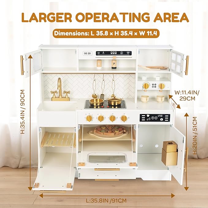 Interactive Wooden Play Kitchen Set for Kids Realistic Features with Extended Storage and 15 Kitchen Accessories, Ideal Pretend Playset Gift for Toddlers and Children Ages 3+
