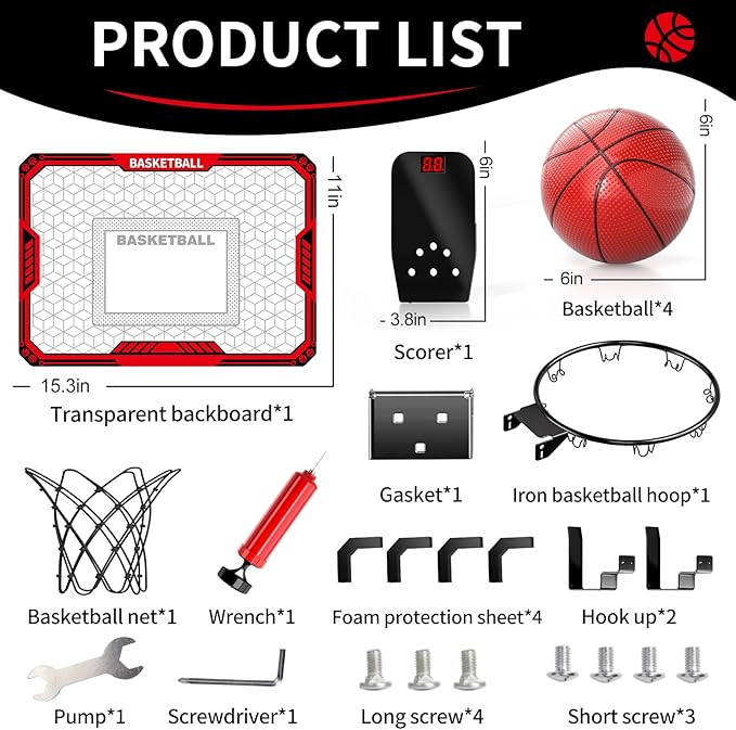 Basketball Hoop Indoor for Kids, Indoor Basketball Hoop with 4 Balls & 3 Modes Scoreboard for Kids Teens 3-5 6-8 8-12, Basketball Toys Teen Boy Gifts for 3 4 5 6 7 8 9 10 11 12 Year Old Boys