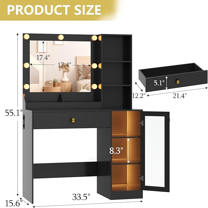 Vanity Desk with Mirror and Lights, Small Makeup Vanity Table with RGB Storage Cabinet & Power Strips & Shelves, 3 Lighting Modes & Adjustable Brightness, Dressing Table for Women Girls Bedroom, Black
