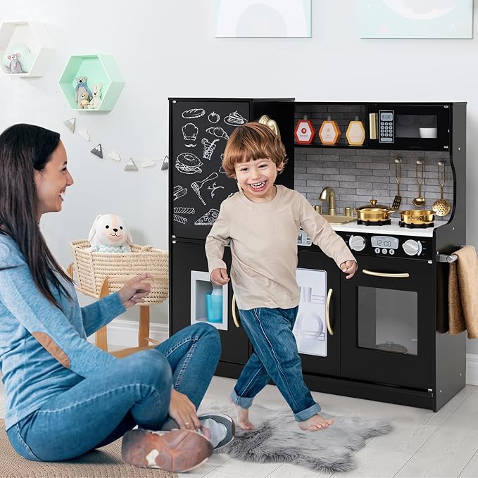 Costzon Kids Kitchen Playset, Wooden Pretend Cooking Toy Set w/Real Sound, Large Blackboard, Telephone, Microwave, Ice Maker, Dishwasher, Oven, Storage Space, Play Kitchen for Kids Ages 3+ (Black)
