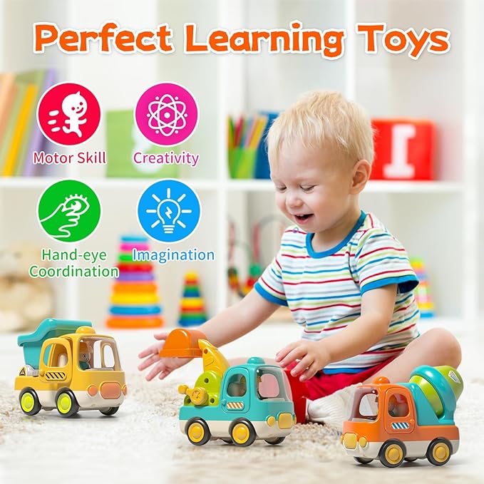 Baby Toys Push Cars for 1 2 3 Year Old Friction Powered Construction 3 Pack Friction Vehicle Set Excavator Dumper Cement Mixer Truck Lights and Musial Toys Birthday Gifts for Toddlers 1-3