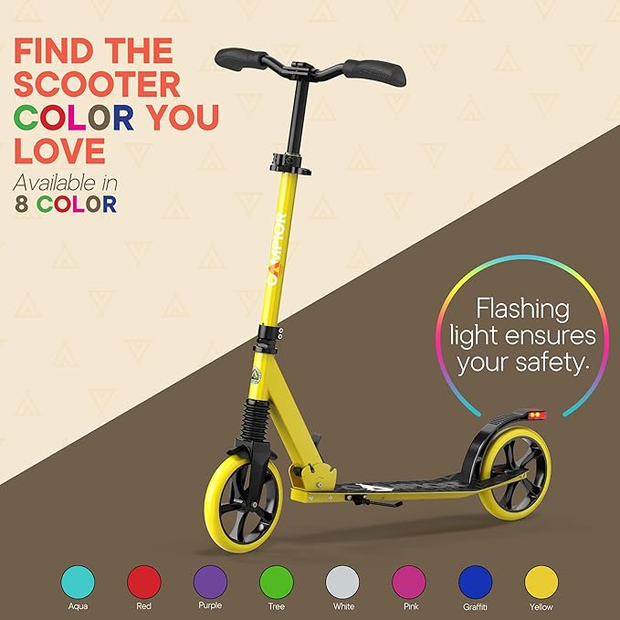 Kick Scooter for Ages 6+, for Kids, Teens, and Adults, Max Load 240 LBS, Foldable, 8-inch Big Wheels for Kids and Adults, with Kickstand, 3 Adjustable Levels, Child Safety Approved, Yellow