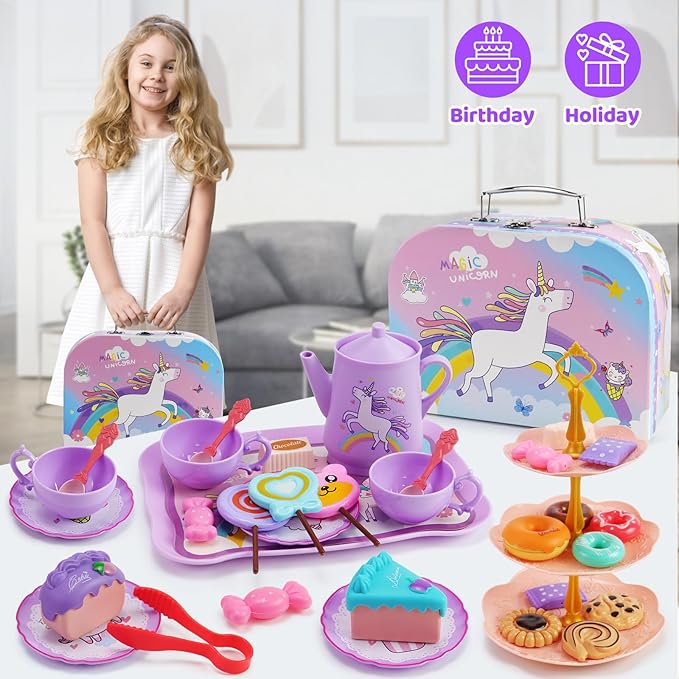 Motiloo 44Pcs Unicorn Tea Party Set for Little Girls - Kid Plastic Tea Party Set Princess Tea Time Pretend Play Tea Set Toys with Carrying Case