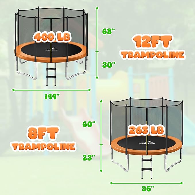 Trampoline 8FT 10FT, Outdoor Trampolines with Enclosure Net and Ladder, Recreational Anti-Rust Trampolines for Kids and Adults, ASTM Approved