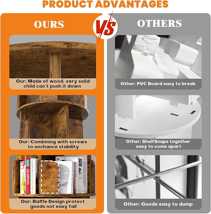 Rotating Bookshelf Tower, 5 Tier Spinning Bookcase, Revolving 360 Book Shelf Narrow Tall Bookcase, Vertical Turning Round Bookshelf Organizer, Corner Book Shelf for Small Space, Rustic Brown