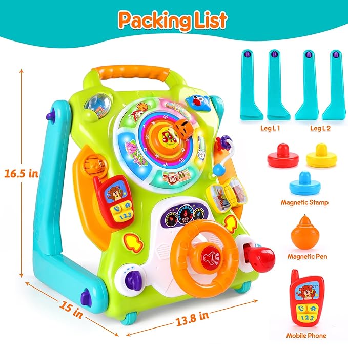 3-in-1 Baby Walker for Boy Girls Sit to Stand Toy Activity Center Drawing Board Infant Toys for 1 Year Old Birthday Gifts 9 12 18 Months 2 3 Year Old Kid Toddler Push Toy Musical Sound Light Effect