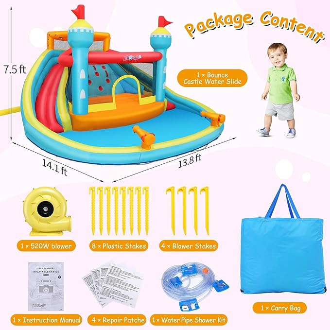 AKEYDIY Bounce House Water Slide, Inflatable Water Slide Park with with Long Slide, Pool, Climbing Wall, Water Gun for Outdoor, Blow up Water Slides Bounce House Castle for Kids Backyard Party Gifts