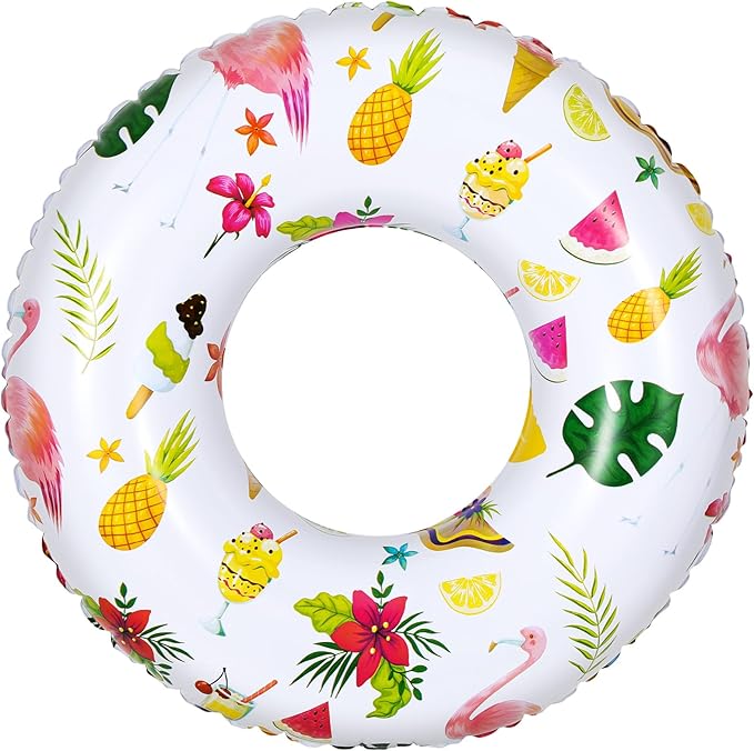 HeySplash Cartoon Swim Ring, Inflatable Durable Round Shaped Flamingo Summer Pool Beach Party Swimming Float Tube, Water Fun Swim Pool Toys with Repair Patch for Adults, 80cm Diameter, White+Yellow