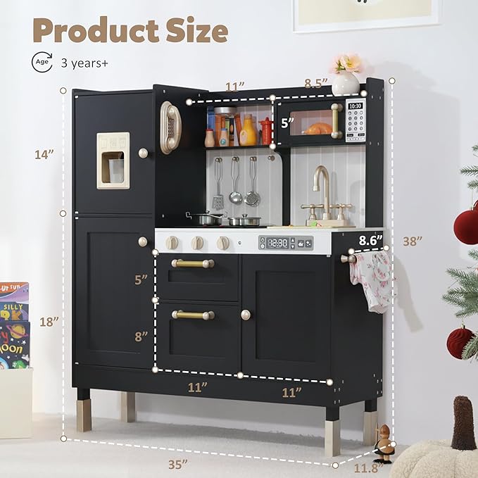 Play Kitchen for Kids, Wooden Kids Kitchen Playset with Realistic Sounds, Children Pretend Toy Kitchen Playset w/Stove, Oven & Ice Maker, Little Chef Play Kitchen for Girls and Boys, Black