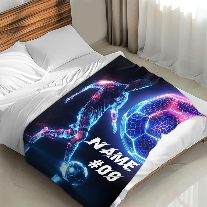 Personalized Soccer Blanket, Gifts for Soccer Lover, Cool 80 x 60 Inches Soft Cozy Throws, Gifts for Boy Men, Soft Warm Fuzzy Throw Blankets for Bed, Living Room, Home Decor