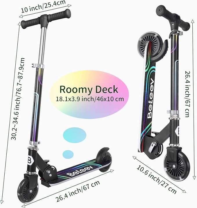 BELEEV V2 Scooters for Kids with Light-Up Wheels & Stem & Deck, 2 Wheel Folding Scooter for Girls Boys, 3 Adjustable Height, Non-Slip Pattern Deck, Lightweight Kick Scooter for Children Ages 3-12