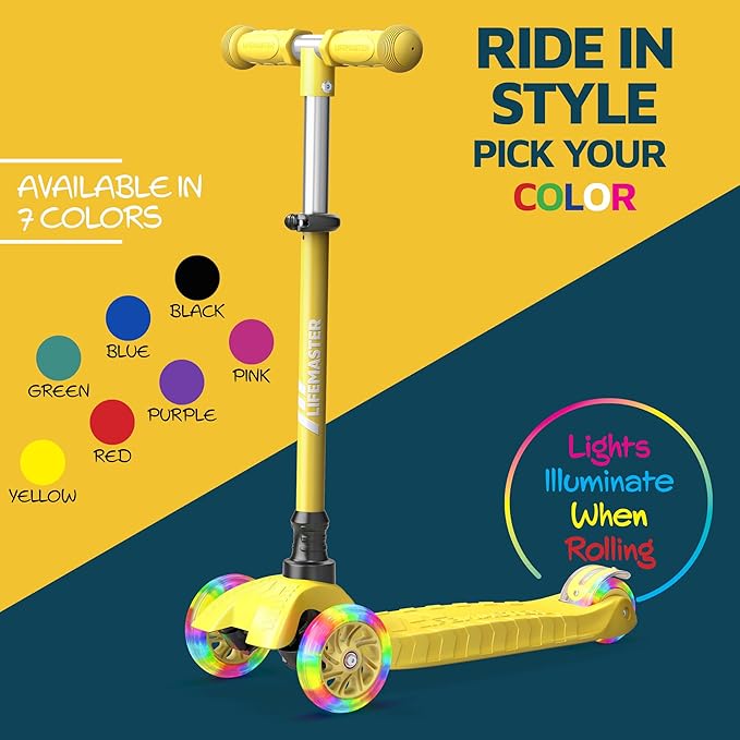 Lifemaster Mini 3-Wheel Kids Scooter with Multi-Color Wheel Lights – 4-Height Adjustable Handlebar, Wide Anti-Slip Deck, Child Safety Certified, Boys & Girls Ages 2+ Supports Up to 110 lbs
