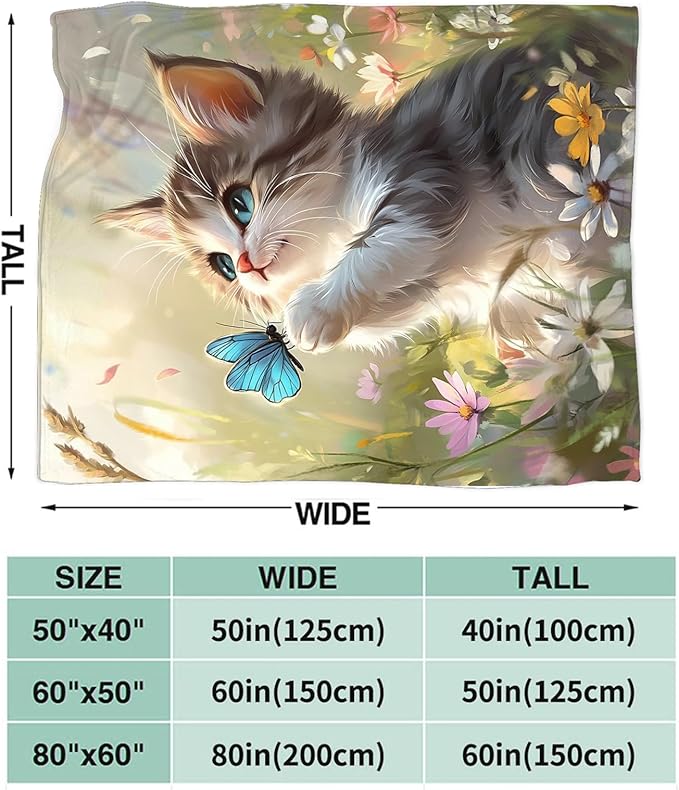 Cat Blanket Gifts for Girls Boys Blue Butterfly Throw Blankets Cozy Plush Cute Flower Fleece Lightweight Flannel Fuzzy 80"X60"