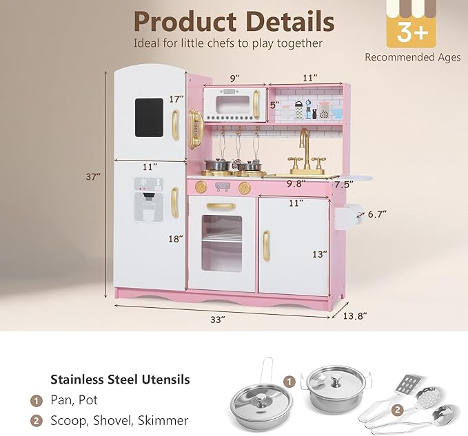 Kinder King Wooden Kids Play Kitchen, Toy Kitchen Playset for Toddler, Pretend Oven, Microwave, Telephone, Chalkboard, Interactive Doors, Knobs, Realistic Kitchen Sets for Boys Girls Age 3+, Gold