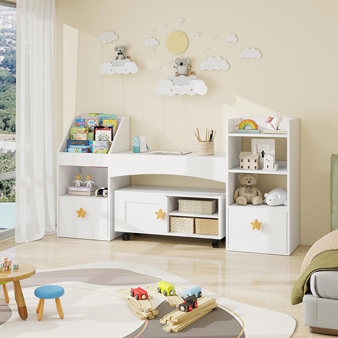 ELECWISH 55” Kids Bookshelf with Reading Nook, Kids Bookcase with Desk and Toy Storage Drawers, 6 Storage Cubbies and Storage Cabinet with Wheels for Kid's Bedroom, Playroom, School, White