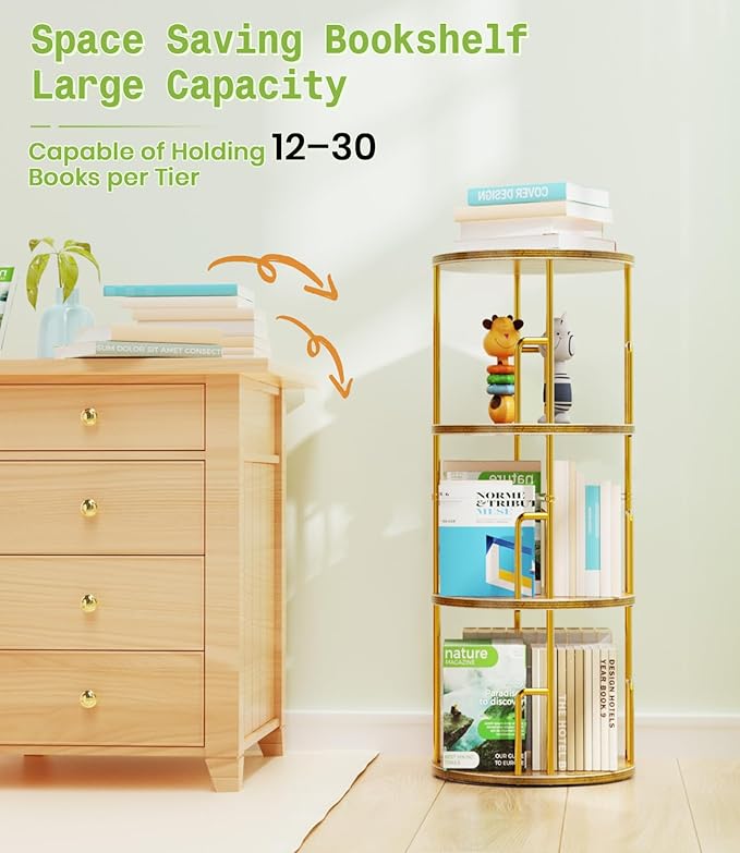 3 Tier Rotating Bookshelf Tower Round Gold,37” Floor Standing Spinning Bookshelf Tower Anti-Tipping Design,Metal & Wood Revolving Bookcase Stackable Space Saving for Small Spaces,Study,Living Room