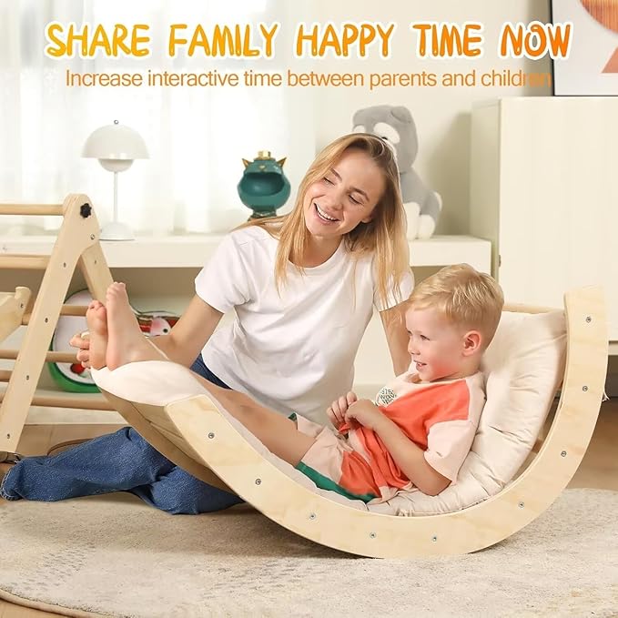 Pikler Triangle Set with Cushion, 7 in 1 Toddler Climbing Toys Indoor, Montessori Foldable Climbing Set, Wooden Climbing Toys for Toddlers Inside with Ramp, Arch and Ladder (Nature Wood)