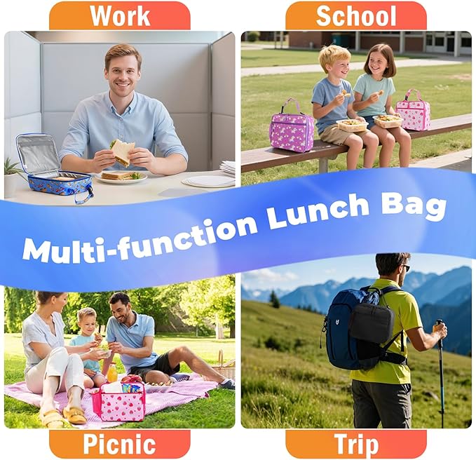 Kids Lunch Box Kids Lunch Bag for Girls Boys, Insulated Lunch Bag for Men with Shoulder Strap, Small Lunchbox for Girls School Travel Picnic (Blue, Car)