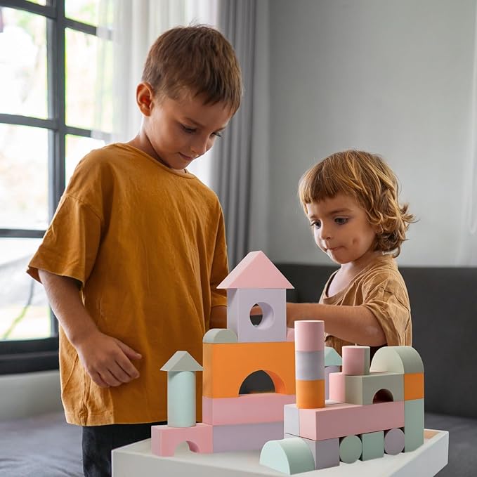 Set of 34 Jumbo Large Foam Blocks for Toddlers - Stacking Soft Blocks for Kids with Shapes & Colors Learning - Construction Building Preschool Toys - Giant Foam Bath Blocks for Toddlers 3-5 & above