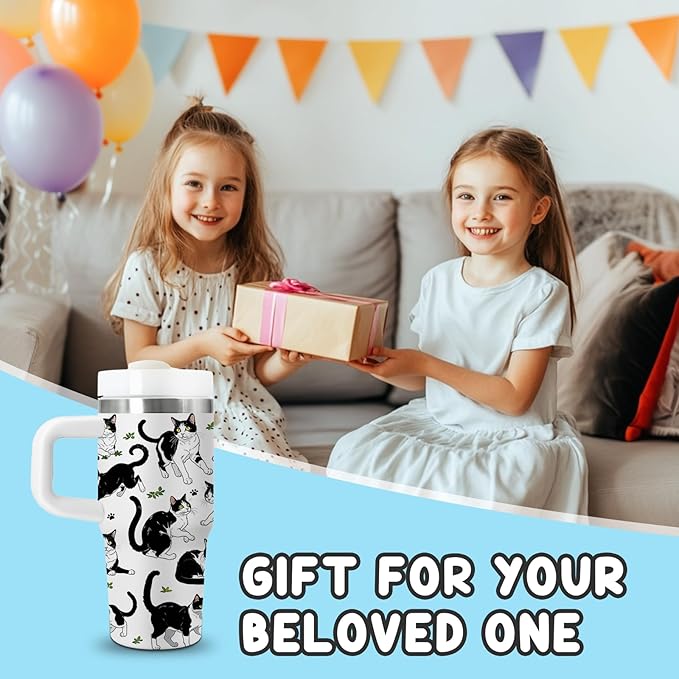 Cat Gifts for Kids - 14oz Cute Cow Cat Tumbler with Handle and Straw, Stainless Steel Insulated Water Cup, Leak Proof, for Sport, School, Travel - Cow Cats Lovers Children Birthday Gifts Cups(1pc)